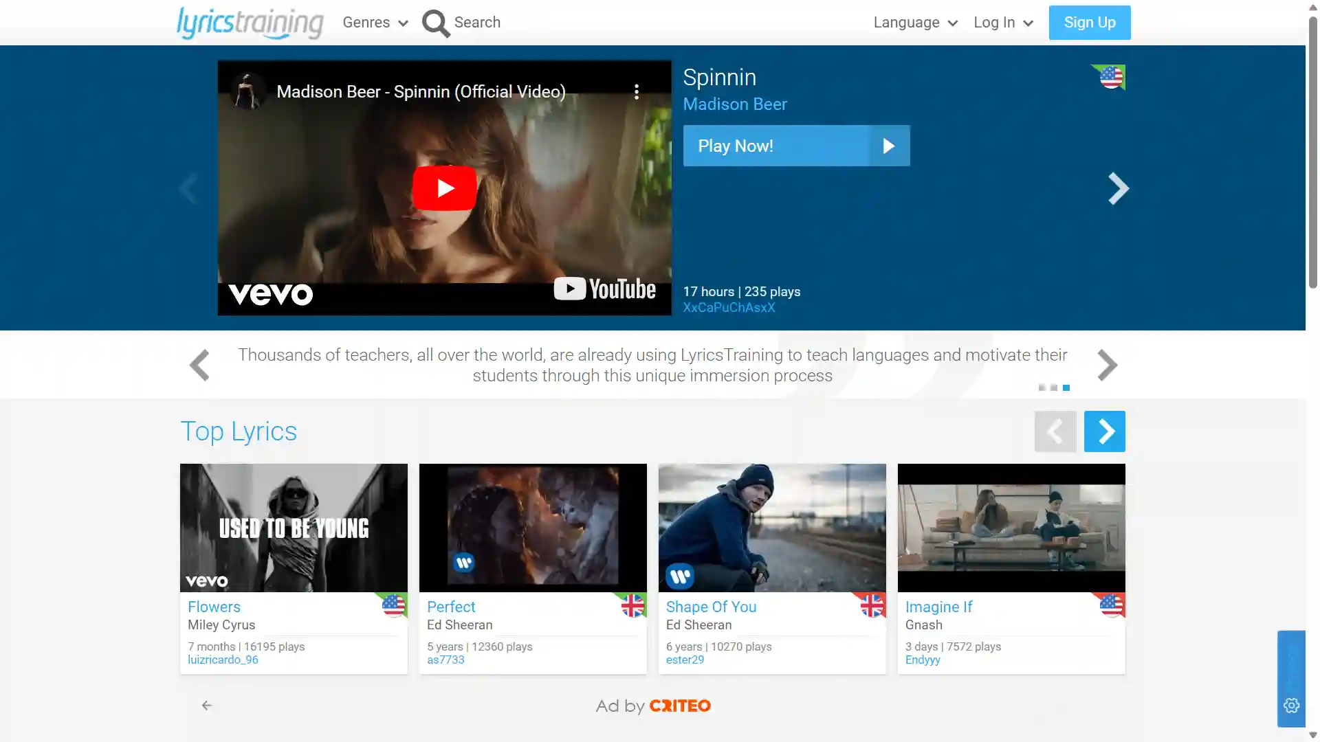 Website học tiếng Anh Lyricstraining